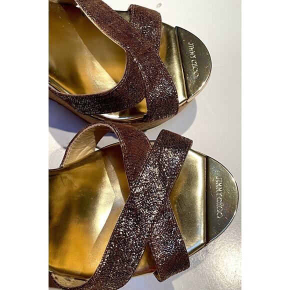 Jimmy Choo Papyrus Gold Copper Shimmer Leather Cork Wedge Sandals Ankle 38.5 - Picture 3 of 12